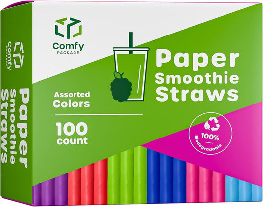 GUSTO, [100 Count] Jumbo Paper Smoothie Straws, 100% Biodegradable, Assorted Colors - (Formerly Comfy Package)
