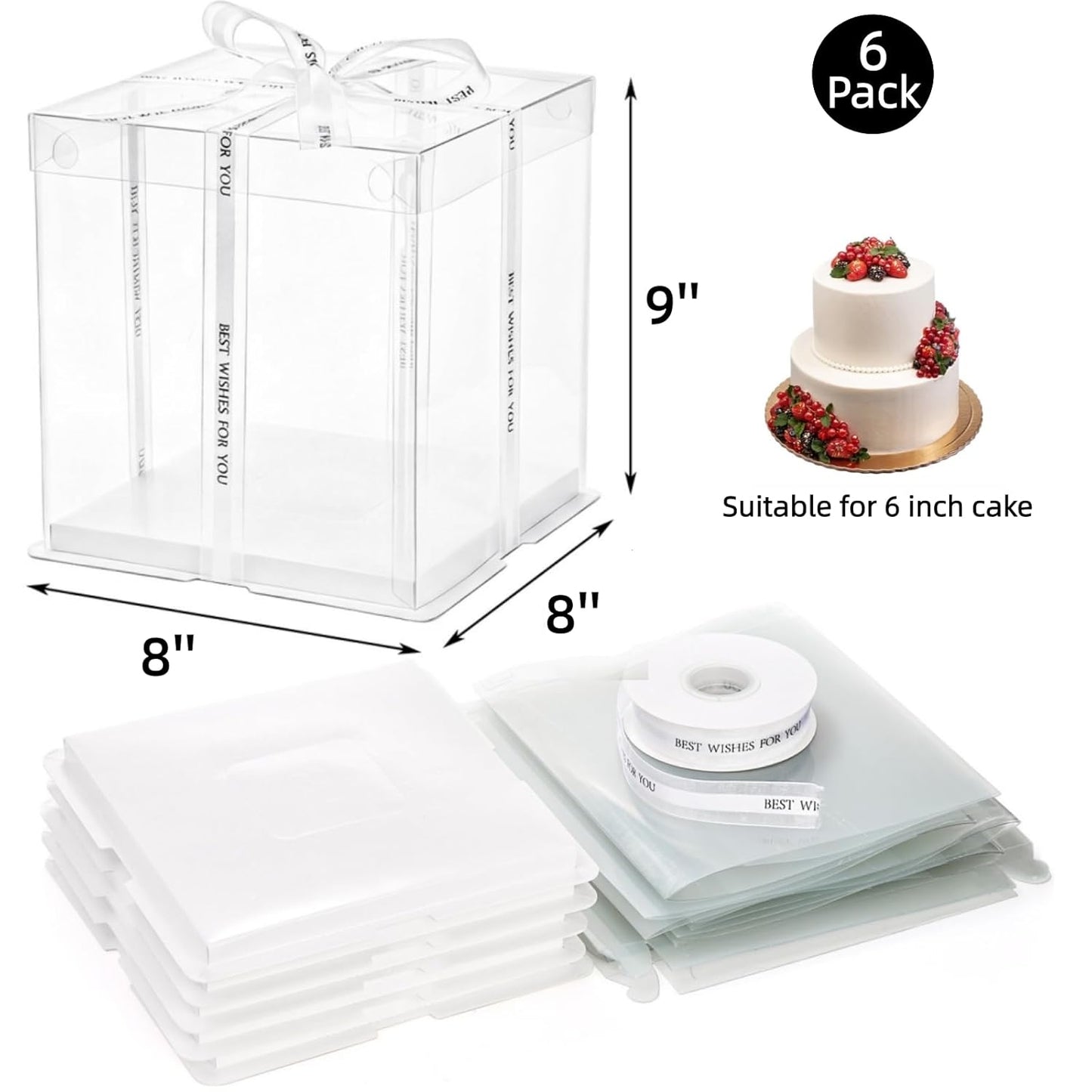 Cididu 6 Pcs Clear Cake Box with Ribbon, 2-Layer Tall Cake Packaging Boxes 8x8x9 Inch, PET Cake Carrier Transport Container for Tiered Cakes, Transparent Gift Display Boxes with Lid for Birthday Party