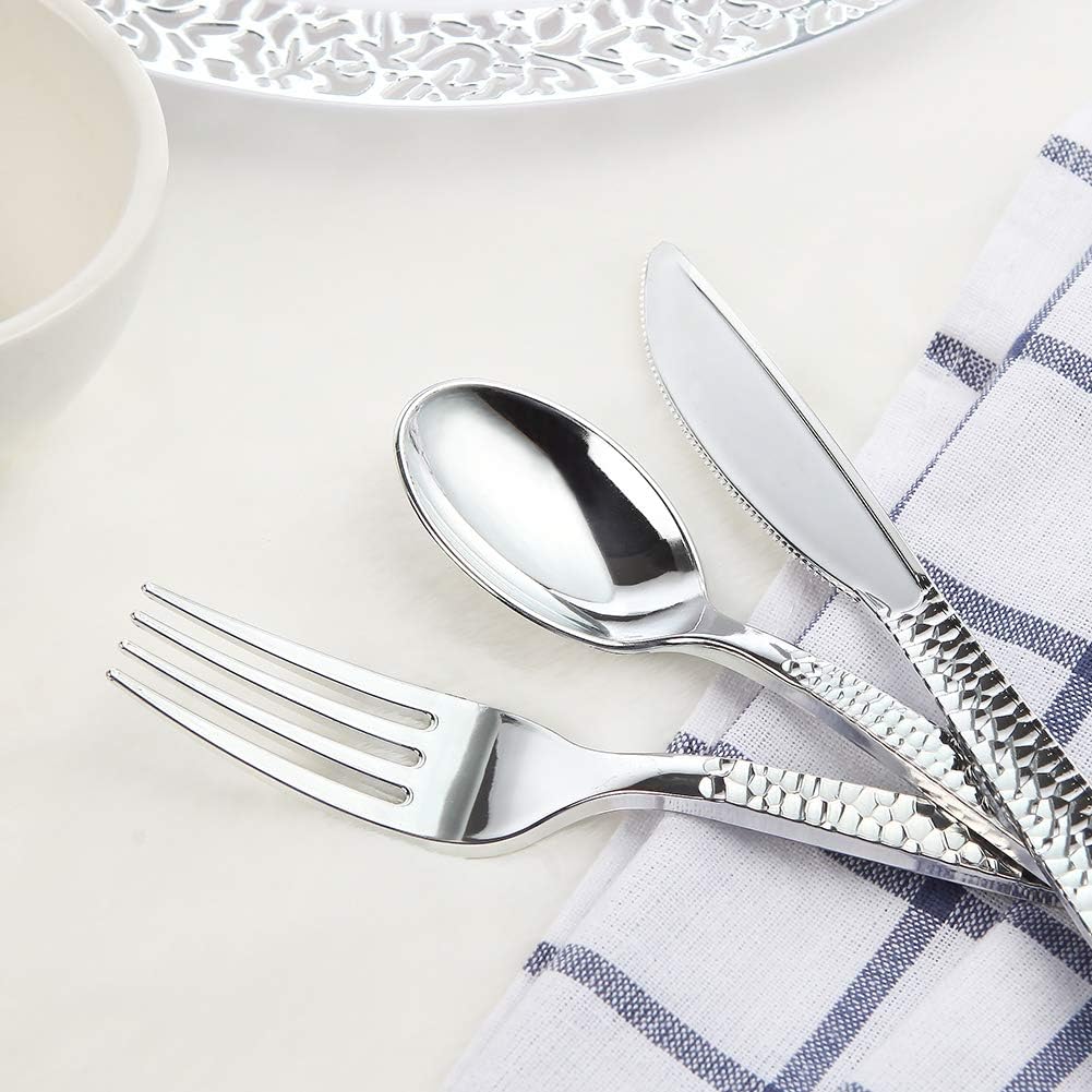 Supernal 360pcs Silver Plastic Cutlery,Elegant Plastic Silverware,Silver Hammed Silverware,Disposable Flatware,Include 120 Forks,120 Knvies,120 Spoons,Perfect for Birthday,Party,Wedding