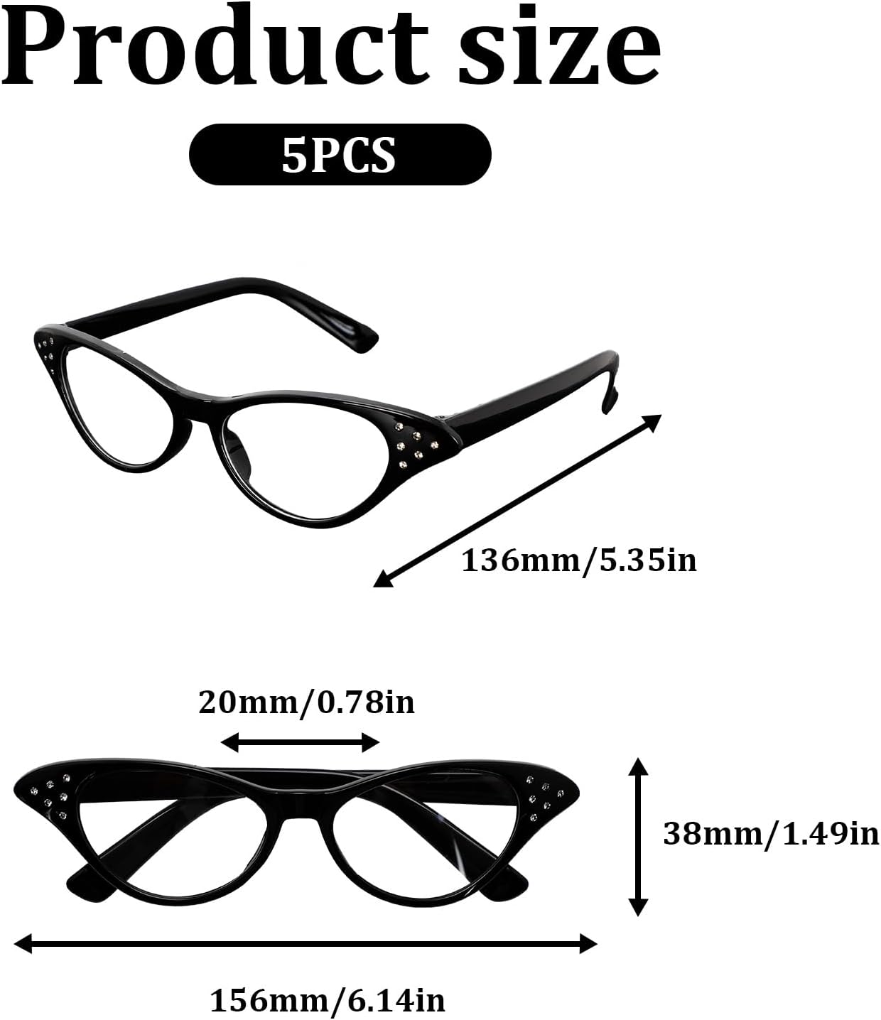 5 Pairs Cat Eye Rhinestone Glasses, Retro Party Costume Glasses for 50's 60's Hip Hop Dress up Halloween Party Favor in Red, Black, White, Pink, Rose Red