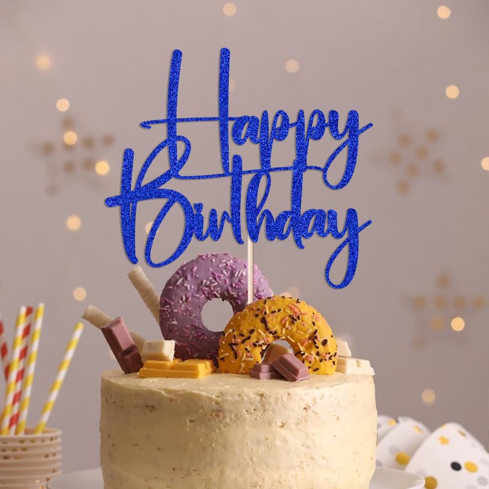 Happy Birthday Cake Topper,black Glitter Cake Pick Bunting Decor for Anniversary Birthday Party Cake Decorations Supplies