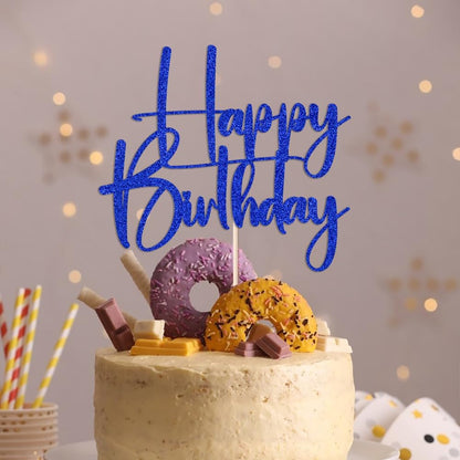 Happy Birthday Cake Topper,black Glitter Cake Pick Bunting Decor for Anniversary Birthday Party Cake Decorations Supplies