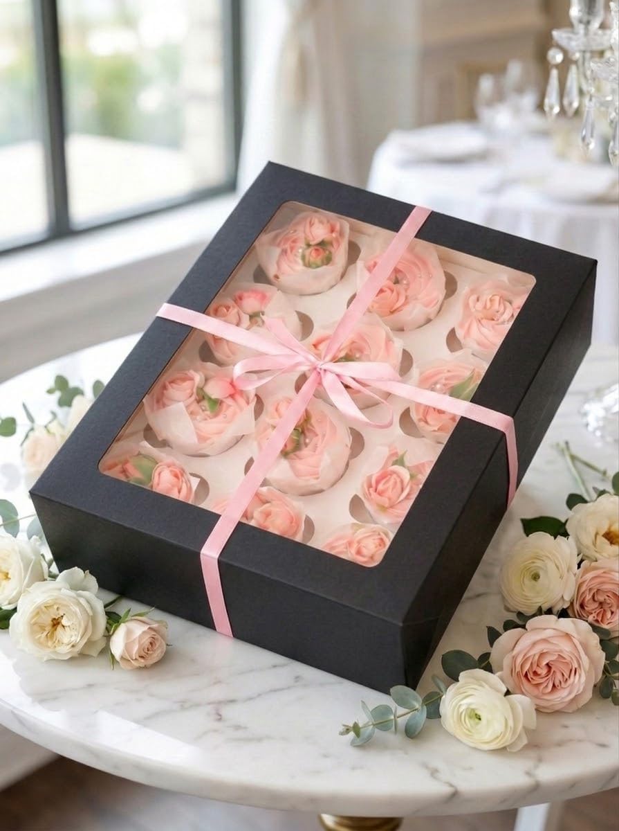 Bakepacker Auto-pop Up Cupcake Boxes with Window White 20PCS 12 Count Cupcake Box 13"x10"x3.5" Cupcakes Carrier, 12 Cupcake Containers with rolls of pink ribbons