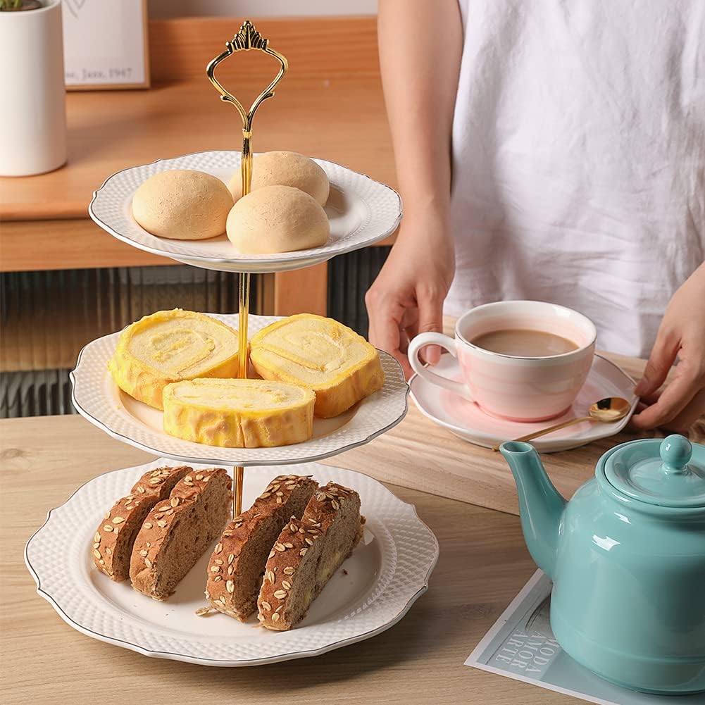 Sweejar 3 Tier Ceramic Cake Stand Wedding, Dessert Cupcake Stand for Tea Party Serving Platter (White)