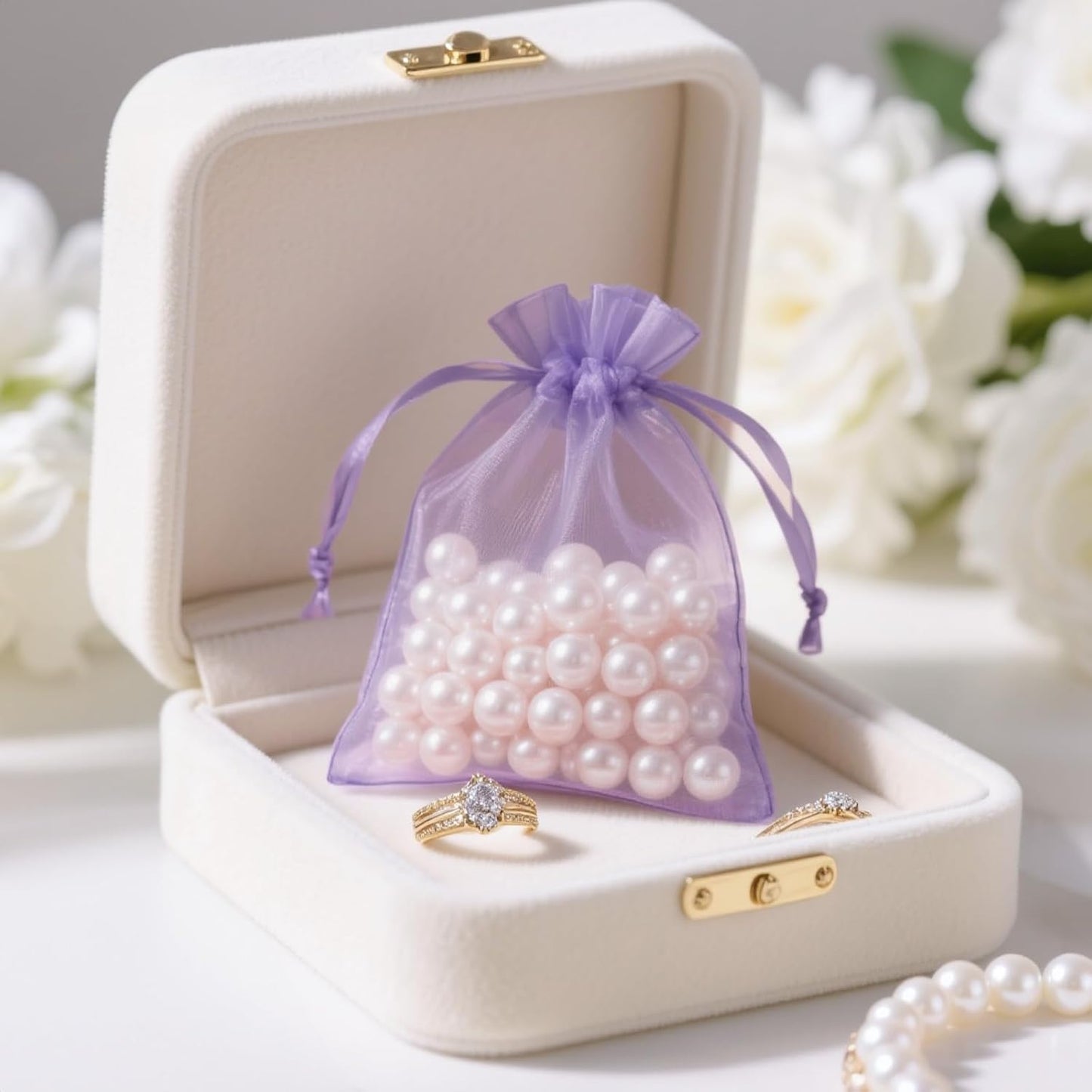 joycraft 50Pcs Organza Bags, 2x3 inch Gift Favor Bags, White Wedding Favor Bags, Jewelry Pouches with Drawstring, Mesh Bags Drawstring for Jewelry, Festival, Makeup, Candy, Desserts