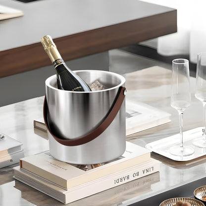 Bakpoco Double-Wall Vacuum Insulated Ice Bucket with Lid, Scoop, Ice Tong, Strainer & Leather Handle Keep Ice Frozen Longer Large Wine Ice Buckets for Cocktail Bar,Parties Chilling Beer Champagne 3L