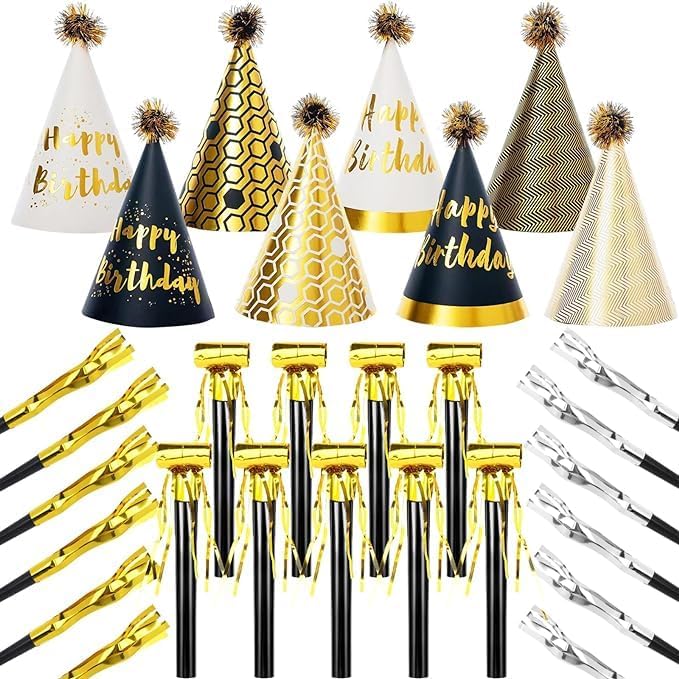 JOYEONDEF 30 Pcs Gold Birthday Party Hats Cone Hats Includes 8 Birthday Paper Hats and 22 Noise Makers
