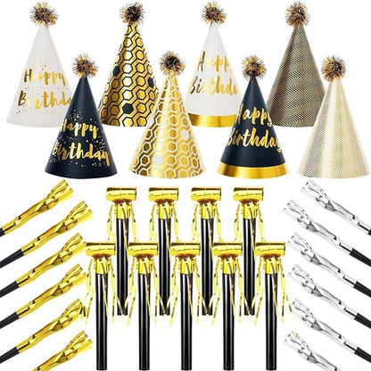 JOYEONDEF 30 Pcs Gold Birthday Party Hats Cone Hats Includes 8 Birthday Paper Hats and 22 Noise Makers
