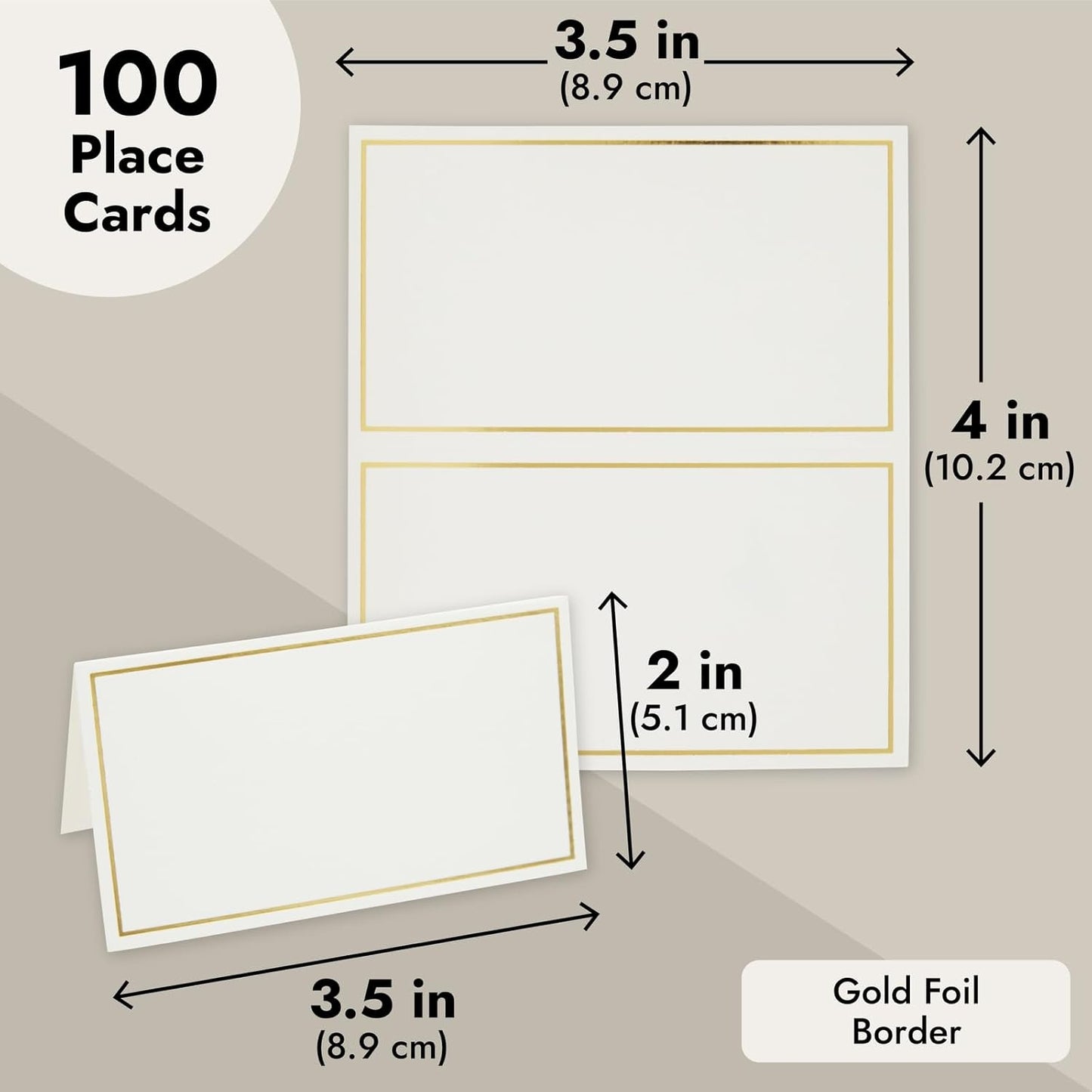 Best Paper Greetings Place Cards for Table Setting - 3.5 x 2 In Folded, Pack of 100, White & Gold - Wedding Name Cards for Reception Seating Chart & Banquet Use