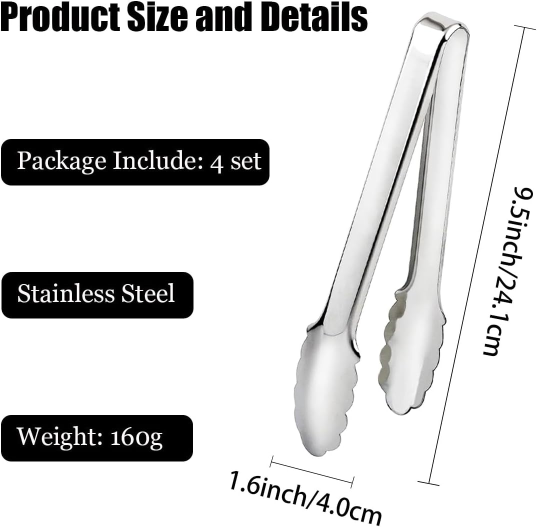4 PCS Serving Tongs Sliver Tongs 9 Inch Serving Utensils Stainless Steel Serving Tongs for Salad Buffet Appetizer Dessert Tong for Food Parties (9 INCH, Sliver)