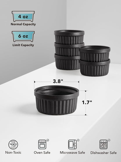 LE TAUCI Ramekins 4 OZ Oven Safe, Creme Brulee Ramekins, Pudding Custard Cups Souffle Ramiken, Dipping Sauce Dishes, Ceramic Ramekin Bowls Set of 6, White