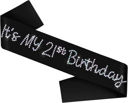 It's My 21st Birthday Sash, Black Satin Birthday Sash with Glitter Rhinestones Decorations for Girls or Women, Finally 21 Bday Sashes, Ideal Twenty One Gifts, Happy 21 Bday Party Decorations
