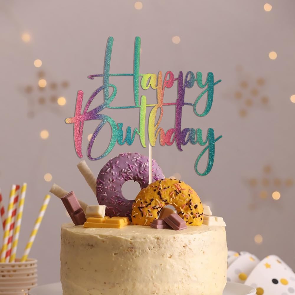 Happy Birthday Cake Topper,black Glitter Cake Pick Bunting Decor for Anniversary Birthday Party Cake Decorations Supplies