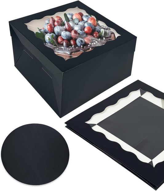 qiqee White 10x10x8 Cake Box, 4 Sets Cake Box with Window ＆ 4 Sets 10" Cake Round Boards, 10inch Cake Containers, 10 Meters Pink Silk Ribbon Includes