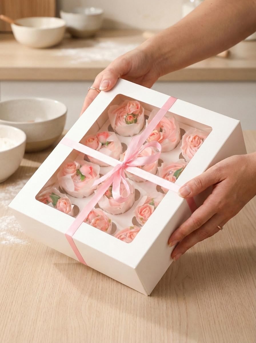Bakepacker Auto-pop Up Cupcake Boxes with Window White 20PCS 12 Count Cupcake Box 13"x10"x3.5" Cupcakes Carrier, 12 Cupcake Containers with rolls of pink ribbons