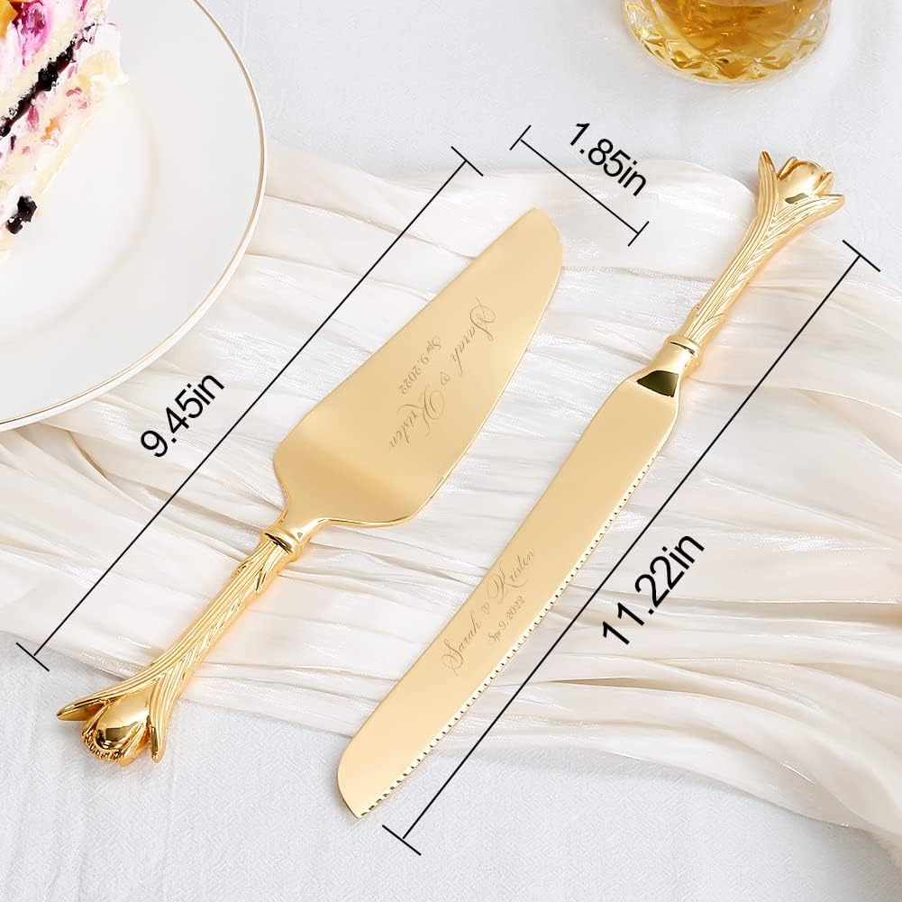 Cake Cutting Set for Wedding, Personalized Gold Cake Knife and Server Set, Custom Cake Serving Set, Engraved Pastry Pie Server Cake Pizza Cutter, Birthday Bridal Gift (F-Classic)