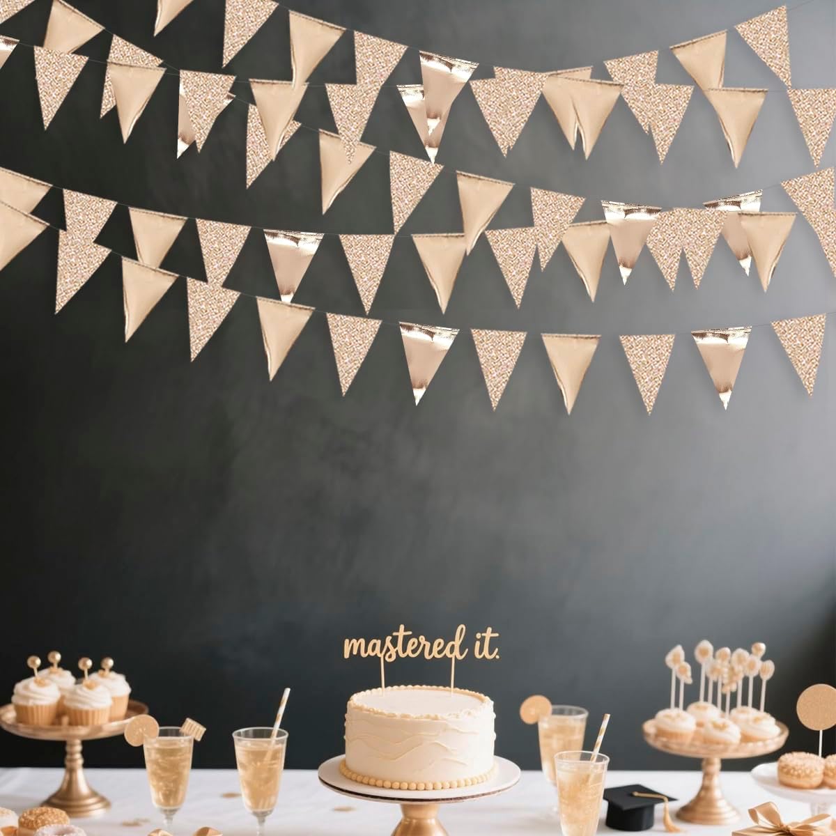 30Ft Navy Blue Gold and Beige Party Decorations Royal Blue Gold Triangle Flag Pennant Banner Bunting for Graduation Birthday Wedding Bridal Shower Nautical Ahoy Achor Theme Party Decorations Supplies