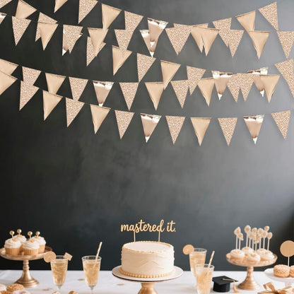 30Ft Navy Blue Gold and Beige Party Decorations Royal Blue Gold Triangle Flag Pennant Banner Bunting for Graduation Birthday Wedding Bridal Shower Nautical Ahoy Achor Theme Party Decorations Supplies