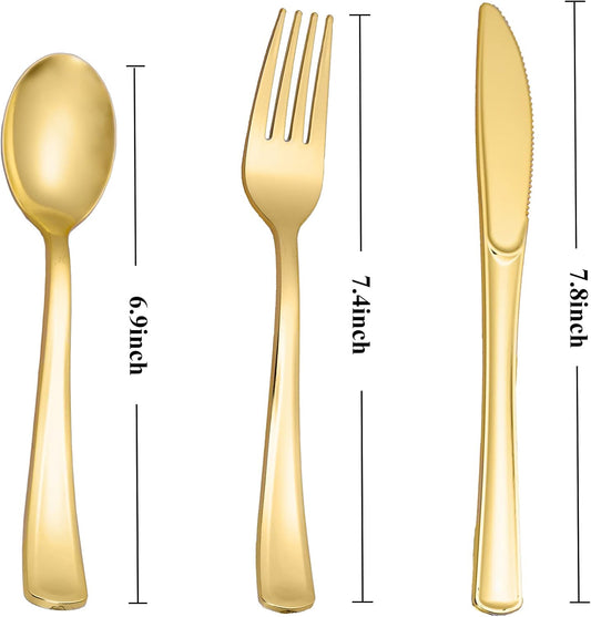 N9R 60PCS Gold Plastic Silverware - Gold Plastic Cutlery Set Disposable Flatware Dinnerware -30 Forks, 15 Spoons, 15 Knives for Party, Thanksgiving, Christmas