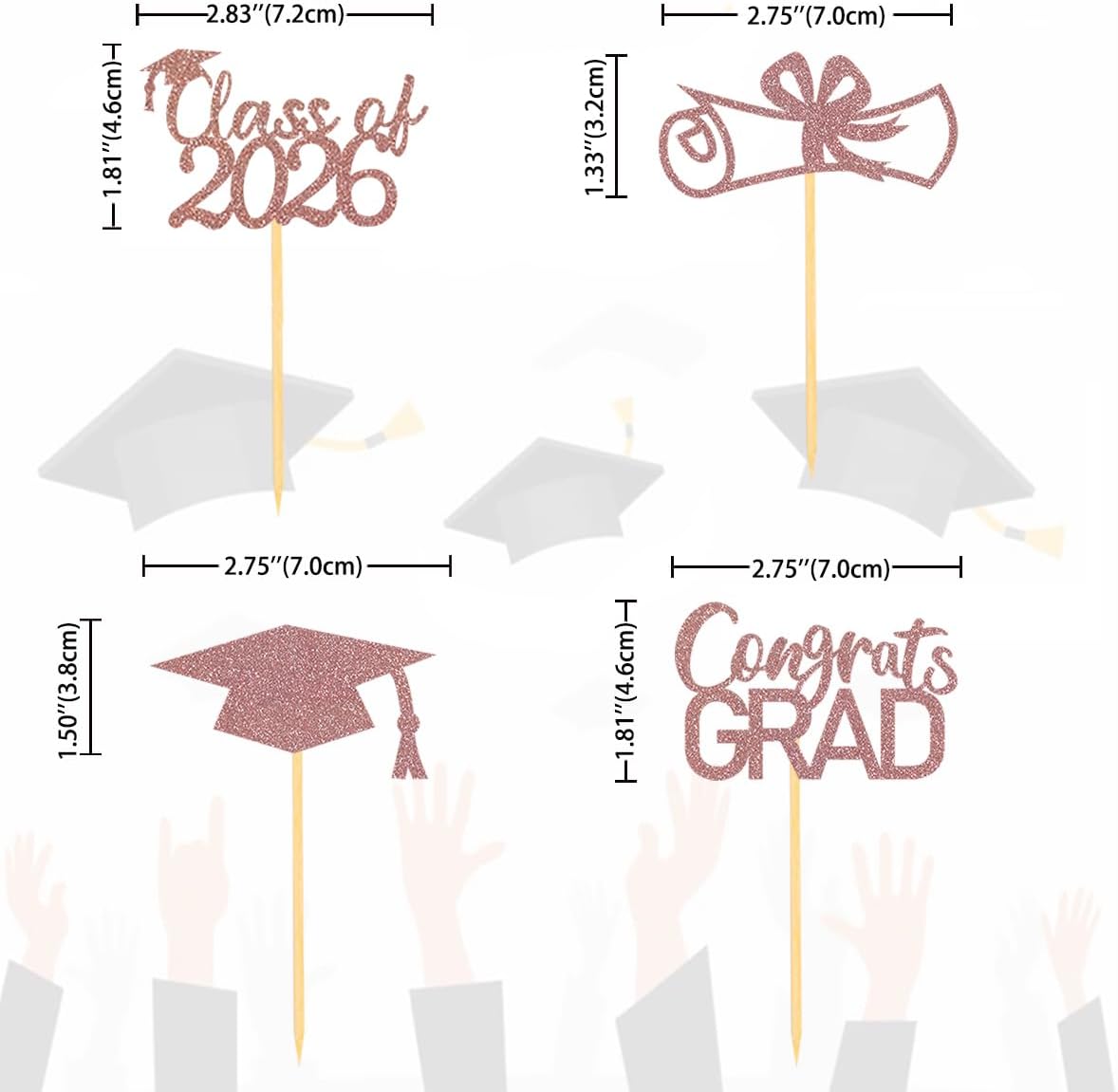 2026 Graduation Theme Cupcake Toppers Glitter Class of 2026 Graduation Cap Diploma Cupcake Picks - Set of 24 (Gold)