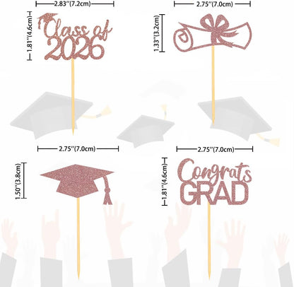 2026 Graduation Theme Cupcake Toppers Glitter Class of 2026 Graduation Cap Diploma Cupcake Picks - Set of 24 (Gold)
