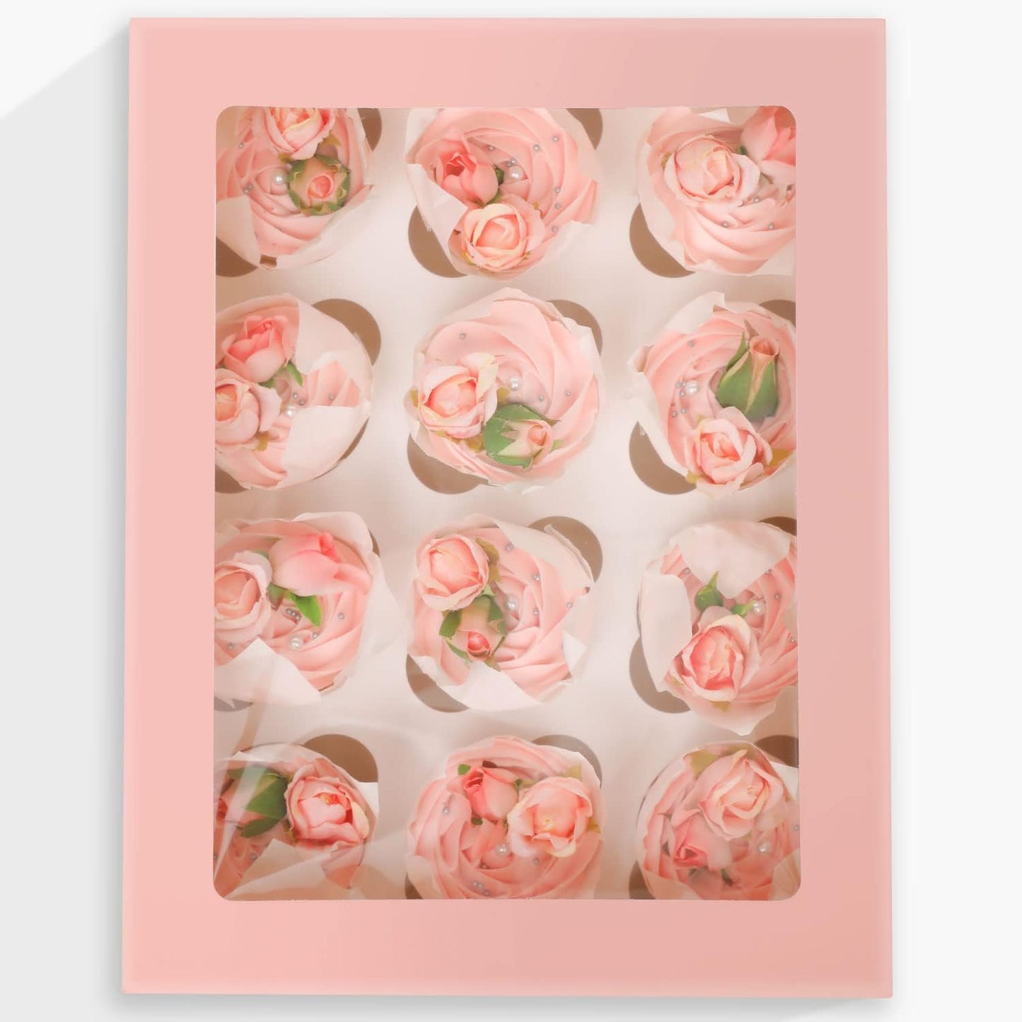 qiqee Auto-pop Up Cupcake Boxes with Window White 40PCS 12 Count Cupcake Box 13"x10"x3.5" Cupcakes Carrier, 12 Cupcake Containers with 2 rolls of pink ribbons