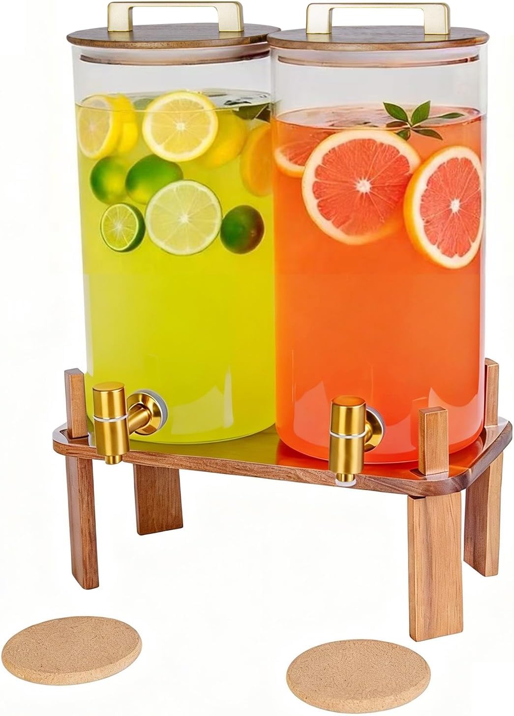 2 PACK 1.5 Gallon Glass Beverage Dispenser with Wooden Lid, Drink Dispenser with Wooden Stand, Lemonade Dispenser with Stainless Steel Leak-Proof Spigot for Parties, Weddings