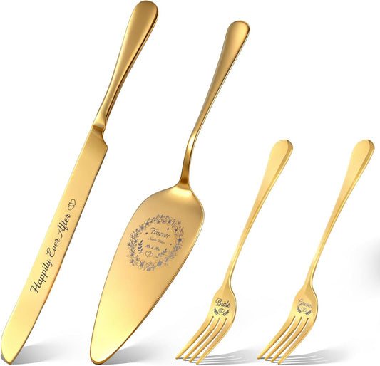 4 Piece Wedding Cake Cutting Set, Knife and Server with Forks, Elegant Wedding Cake Knife and Server Set for Bride and Groom(Gold)