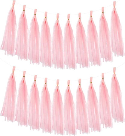 MECCANIXITY 20Pcs Tassel Garland Banner Tissue Paper for Streamers Party Decorations, Valentine's Day Birthday Decor for Women with Rope and Tie Wire (Pink, 14.6Inch)