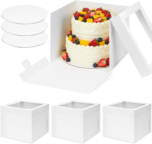 Moretoes 3 Pack Cake Boxes 12 Inch with Boards, 12x12x10 Inches White Cake Carrier Bakery Containers, Disposable Bakery Boxes for Valentine's Day Mother's Day for Cake Cupcake Cookie Pie Pastry