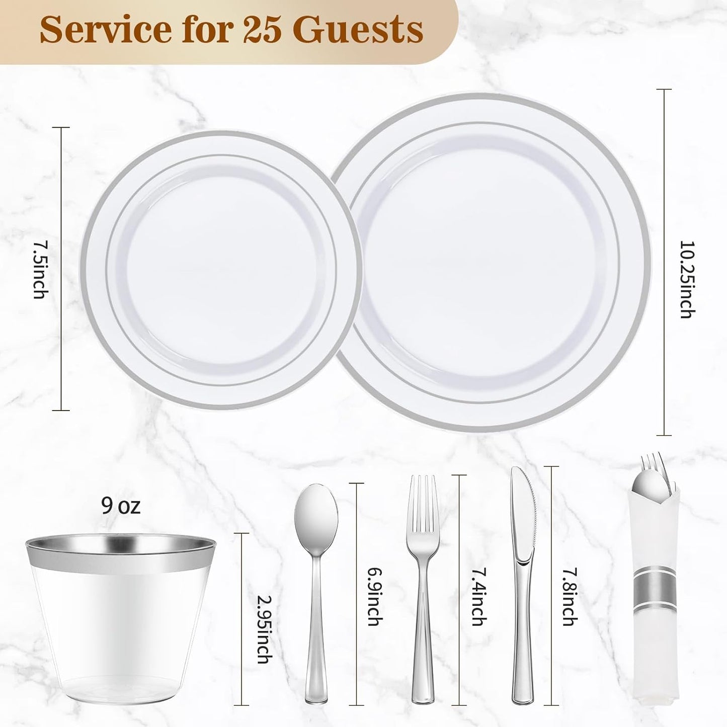 BESTVIP 350PCS Gold Plastic Dinnerware Set, Disposable Party Plates for 50 Guests, Include: 100 Plastic Plates, 50 Pre Rolled Napkins with Gold Silverware, 50 Cups