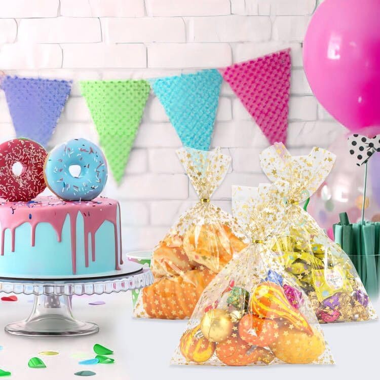 100 Pcs Star Printed 5"X 7" Gift Wrap Cello Cellophane Treat Bags Party Favor bags Clear Candy Cookie Bag Plastic Poly Goodie Storage Bag with Twist Ties for Bakery,Birthday, Wedding ,Party Decorations (Gold)