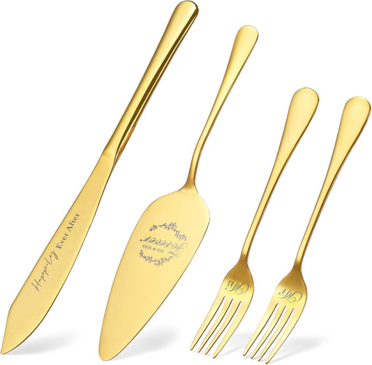 Wedding gifts for Couples, Gold Wedding Cake Knife and Server Set with Forks, Cake Cutting Set, Bridal Shower Anniversary Engagement Present For Mr and Mrs Set of 4