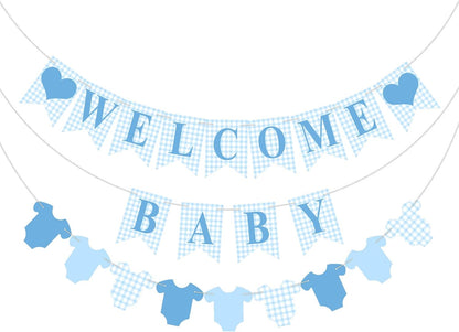 Hahafelt 1 Pcs Blue Gingham Welcome Baby Boy Banner for Baby Shower Party Decorations Pre Strung Gender Reveal Paper Banner for Table, Wall, Mantel Display Party Decor Supplies