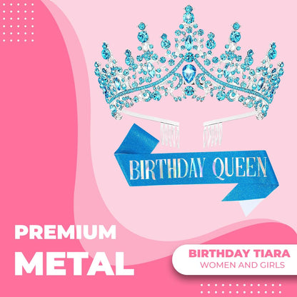 Birthday Tiara Crown with Sash for Women, Headband Hair Accessories for Wedding Party Costume