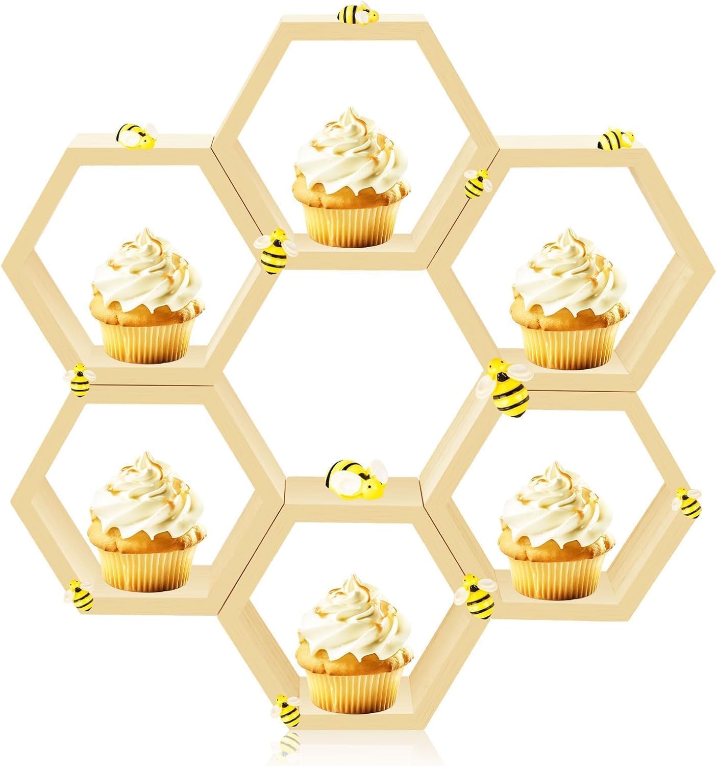 8 Pcs 4.13 Inch Honeycomb Cupcake Stand Cake Farmhouse Hexagon Display Holder Hexagonal Wood Cupcake Stand Floating Table Sign with Wooden Bee for Wedding Baby Shower Birthday Party Table Decorations