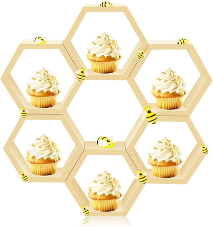 8 Pcs 4.13 Inch Honeycomb Cupcake Stand Cake Farmhouse Hexagon Display Holder Hexagonal Wood Cupcake Stand Floating Table Sign with Wooden Bee for Wedding Baby Shower Birthday Party Table Decorations