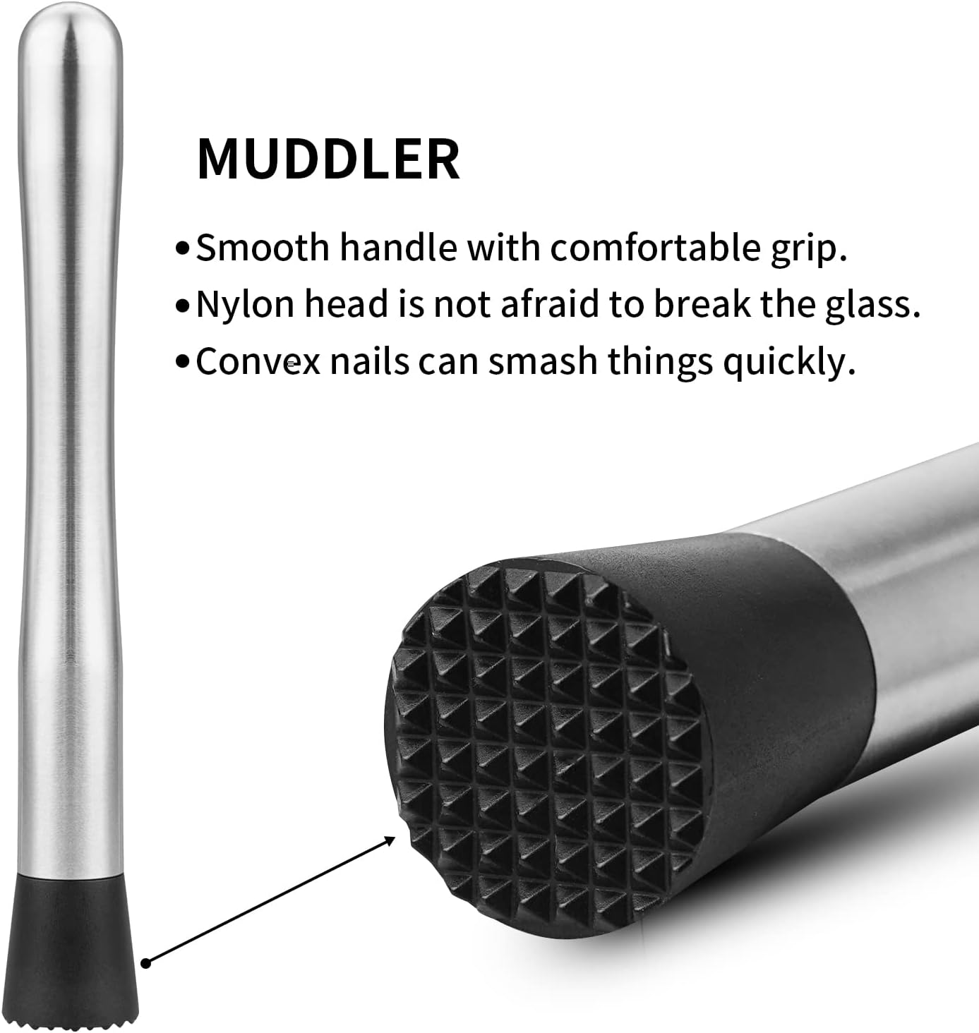 tifanso Muddler for Cocktails, 10" Muddler and Long Handle Bar Cocktail Mixing Spoon, Stainless Steel Stirrer, Bar Accessories Tools for Mojitos Fruit Drinks