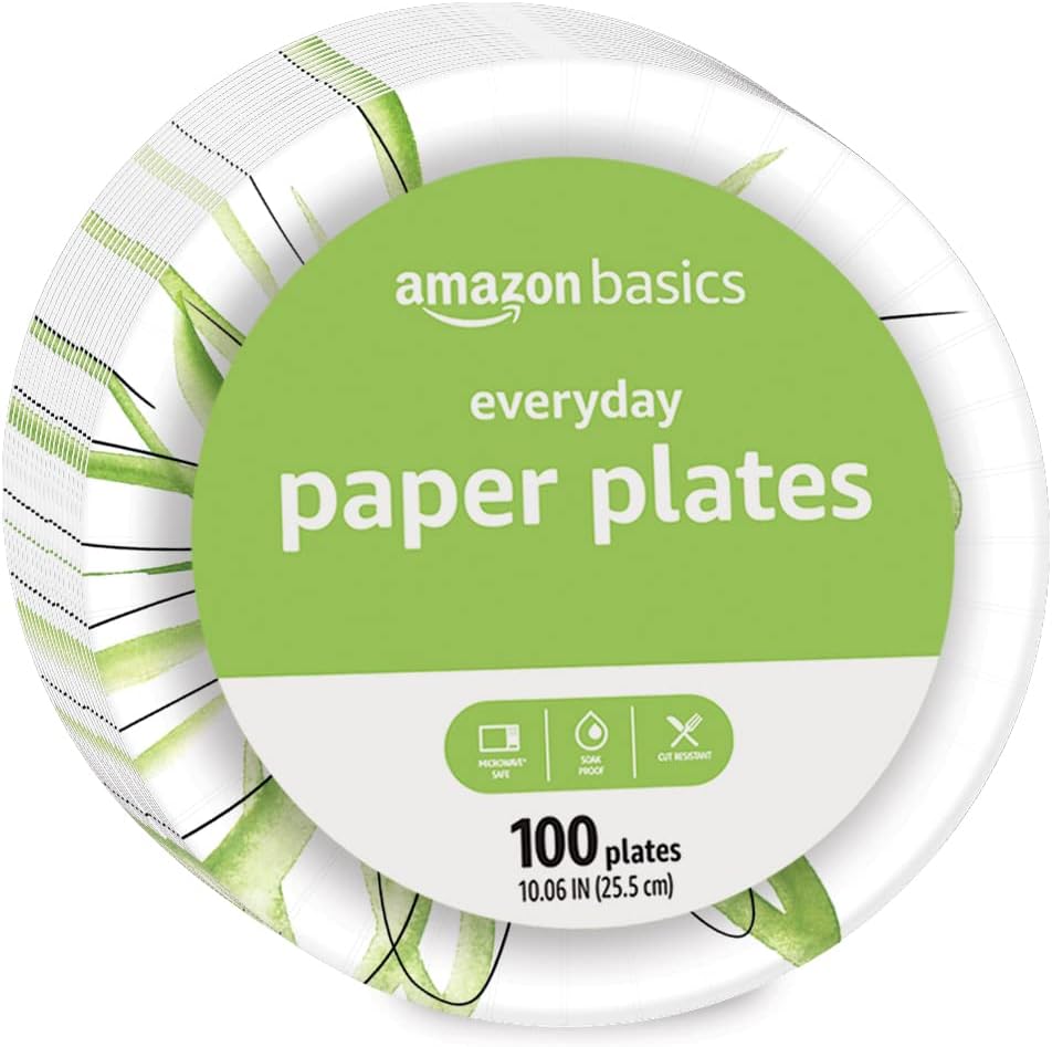Amazon Basics Everyday Disposable Paper Plates, 10 Inch, Microwave-Safe, Cut Resistant, Soak-Proof, 150 Count