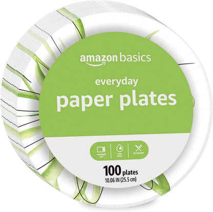 Amazon Basics Everyday Disposable Paper Plates, 10 Inch, Microwave-Safe, Cut Resistant, Soak-Proof, 150 Count