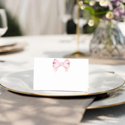Pink Bow Place Cards, Name Cards for Table Setting, Tented Food Setting Cards for Bridal Shower, Wedding, Baby Showers, Banquets, Reserved Table Signs, 25 Pack Birthday Party Decorations -01