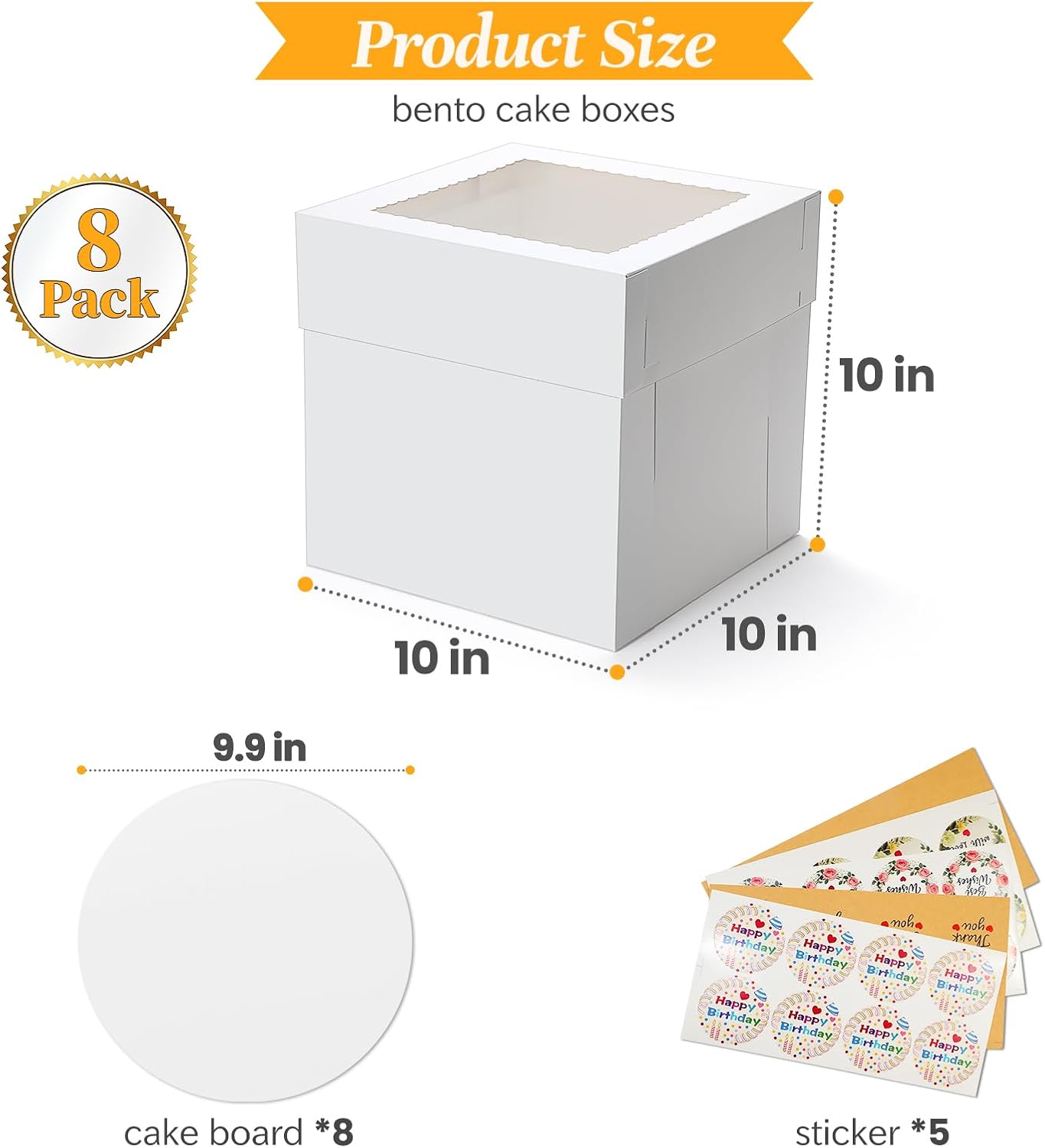 COTOPHER 50 Pcs Cake Boxes 8 Inch, 8x8x5 Inches Cake Containers (25 Boxes & 25 Boards), White Bakery Boxes with Windown for Cookies, Desserts, Cupcake, Pastries, Birthday, Wedding, Mother's Day