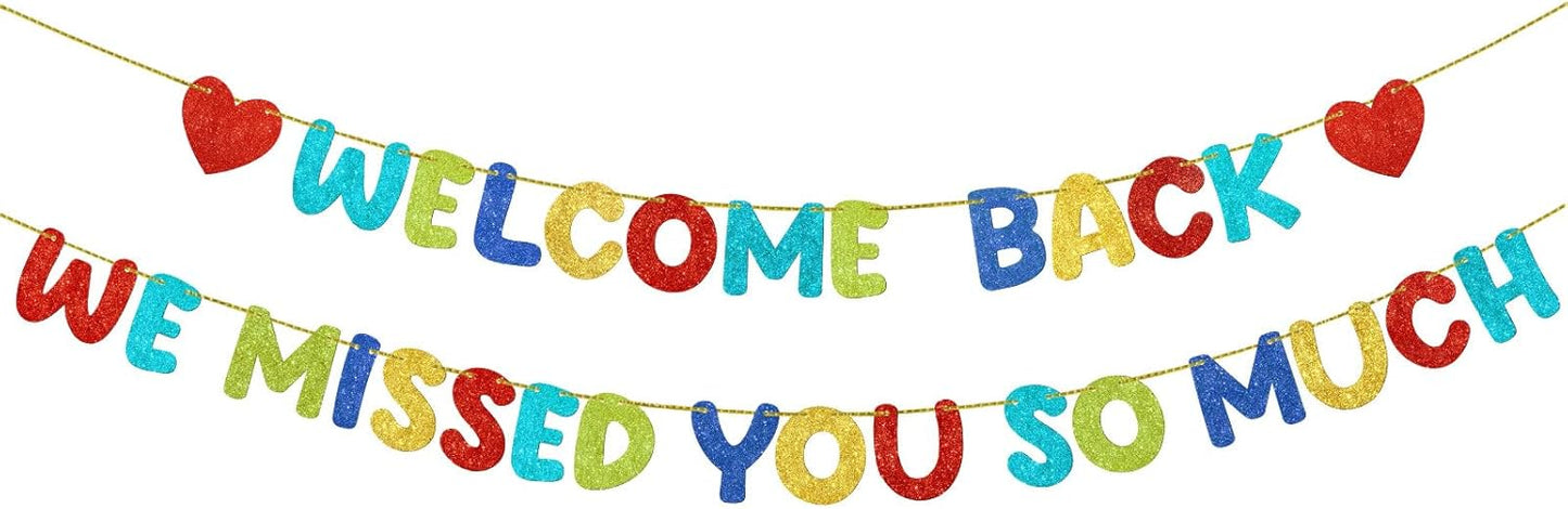 Fulmoon Pre Strung Welcome Back We Missed You So Much Banner, NO DIY, Glitter Welcome Home Celebration Decorations Family Gathering, Back to School, Military Homecoming Decoration(Dark Blue)