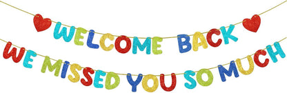 Fulmoon Pre Strung Welcome Back We Missed You So Much Banner, NO DIY, Glitter Welcome Home Celebration Decorations Family Gathering, Back to School, Military Homecoming Decoration(Dark Blue)