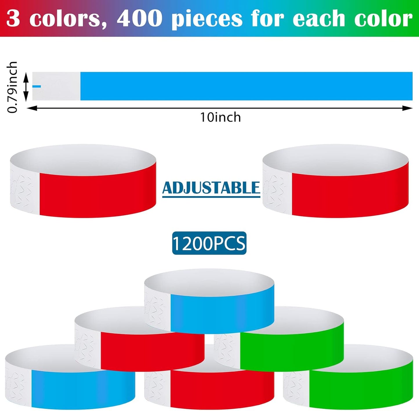 Tudomro 1200 Pack Plastic Paper Wristbands for Events Neon Party Wrist Bands Colored Waterproof Concert Identification Hand Bands Lightweight Adhesive Wristband(Yellow, Green, Blue, Red, Purple, Pink)