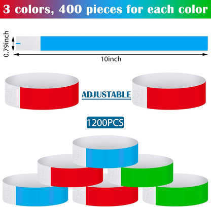 Tudomro 1200 Pack Plastic Paper Wristbands for Events Neon Party Wrist Bands Colored Waterproof Concert Identification Hand Bands Lightweight Adhesive Wristband(Yellow, Green, Blue, Red, Purple, Pink)