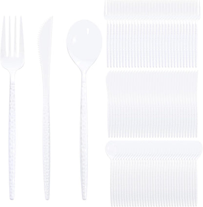 Supernal 360pcs Silver Plastic Cutlery,Elegant Plastic Silverware,Silver Hammed Silverware,Disposable Flatware,Include 120 Forks,120 Knvies,120 Spoons,Perfect for Birthday,Party,Wedding