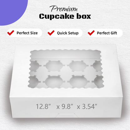 Pre-folded 12 count Cupcake Boxes, 6-Set Cupcake Container with Window Transport Holders Holding 72 pastry Box for Birthday, Holiday, Party Bakery Supplies 12.8" x 9.8" x 3.54" (White-6 Pack)