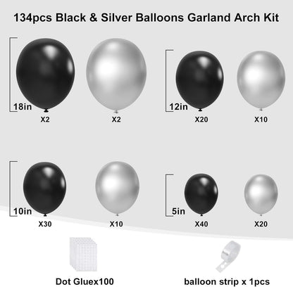 Black and Gold Balloons Garland Arch Kit, 134pcs Black and Metallic Gold Balloons with Different Size for 2026 Graduation Decorations, New Year, Birthday, Anniversary Party Decorations