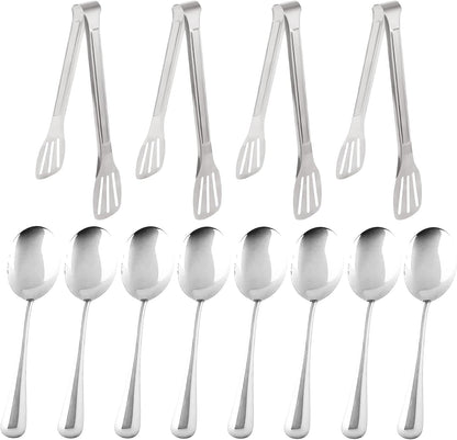 12PCS Stainless Steel Serving Utensils Sets,8 Large Serving Spoons,4 Serving Tongs,Gold Serving Utensills Sets for Buffet Catering Banquet Party (Gold)